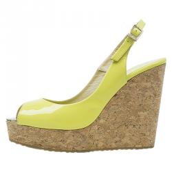 Pre Owned صندل جيمي تشو بروفا جلد أصفر لامع بفتحة كعب نعل فينيل روكي مقاس 38.5