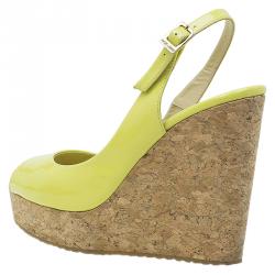 Pre Owned صندل جيمي تشو بروفا جلد أصفر لامع بفتحة كعب نعل فينيل روكي مقاس 38.5