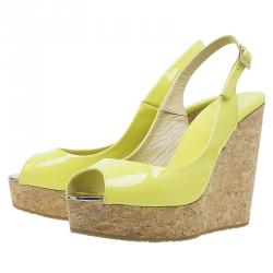 Pre Owned صندل جيمي تشو بروفا جلد أصفر لامع بفتحة كعب نعل فينيل روكي مقاس 38.5