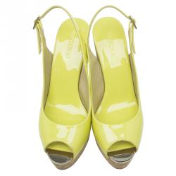 Pre Owned صندل جيمي تشو بروفا جلد أصفر لامع بفتحة كعب نعل فينيل روكي مقاس 38.5