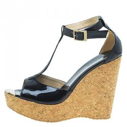 Pre Owned Jimmy Choo Black Patent Leather Pela Cork Wedge Sandals Size 39.5