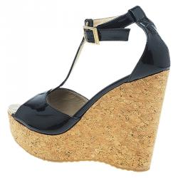 Pre Owned Jimmy Choo Black Patent Leather Pela Cork Wedge Sandals Size 39.5