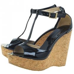 Pre Owned Jimmy Choo Black Patent Leather Pela Cork Wedge Sandals Size 39.5