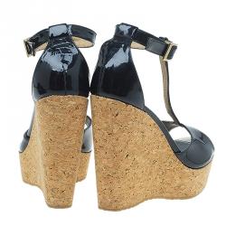 Pre Owned Jimmy Choo Black Patent Leather Pela Cork Wedge Sandals Size 39.5