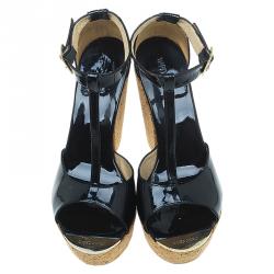 Pre Owned Jimmy Choo Black Patent Leather Pela Cork Wedge Sandals Size 39.5