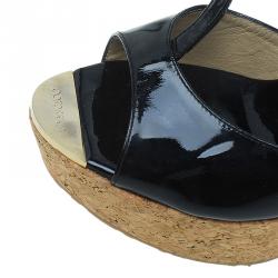 Pre Owned Jimmy Choo Black Patent Leather Pela Cork Wedge Sandals Size 39.5