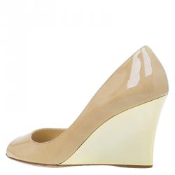 Pre Owned Jimmy Choo Beige Patent Baxen Peep Toe Wedge Sandals Size 36.5