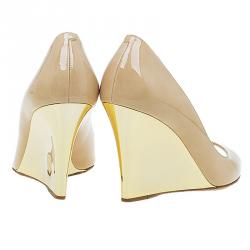 Pre Owned Jimmy Choo Beige Patent Baxen Peep Toe Wedge Sandals Size 36.5