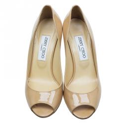 Pre Owned Jimmy Choo Beige Patent Baxen Peep Toe Wedge Sandals Size 36.5