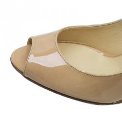Pre Owned Jimmy Choo Beige Patent Baxen Peep Toe Wedge Sandals Size 36.5