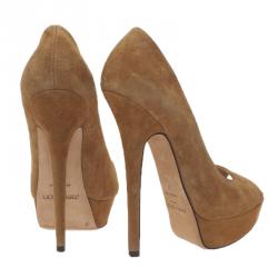 Pre Owned Jimmy Choo Tan Suede Crown Peep Toe Platform Pumps Size 37
