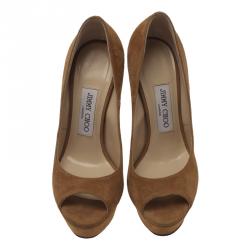 Pre Owned Jimmy Choo Tan Suede Crown Peep Toe Platform Pumps Size 37