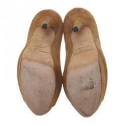 Pre Owned Jimmy Choo Tan Suede Crown Peep Toe Platform Pumps Size 37