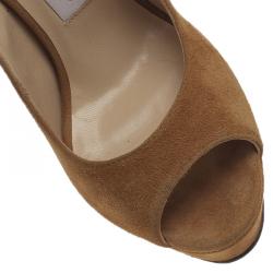 Pre Owned Jimmy Choo Tan Suede Crown Peep Toe Platform Pumps Size 37