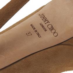 Pre Owned Jimmy Choo Tan Suede Crown Peep Toe Platform Pumps Size 37