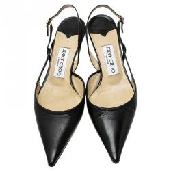 Pre Owned Jimmy Choo Black Leather Varia Slingback Kitten Heel Sandals Size 36