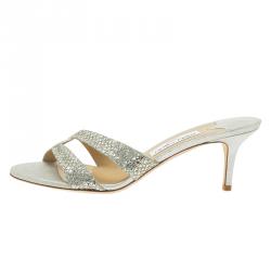 Pre Owned Jimmy Choo Silver Metallic Leather and Glitter Fabric Sandals Size 41