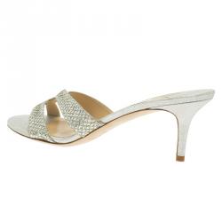 Pre Owned Jimmy Choo Silver Metallic Leather and Glitter Fabric Sandals Size 41