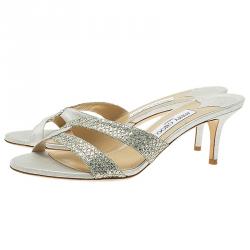 Pre Owned Jimmy Choo Silver Metallic Leather and Glitter Fabric Sandals Size 41