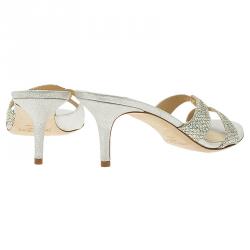 Pre Owned Jimmy Choo Silver Metallic Leather and Glitter Fabric Sandals Size 41