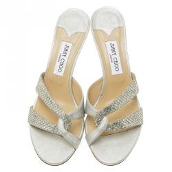 Pre Owned Jimmy Choo Silver Metallic Leather and Glitter Fabric Sandals Size 41