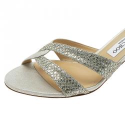 Pre Owned Jimmy Choo Silver Metallic Leather and Glitter Fabric Sandals Size 41