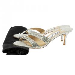 Pre Owned Jimmy Choo Silver Metallic Leather and Glitter Fabric Sandals Size 41