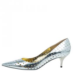 Pre Owned Jimmy Choo Silver Mirror Perforated Leather Mime Pumps Size 40.5