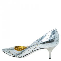 Pre Owned Jimmy Choo Silver Mirror Perforated Leather Mime Pumps Size 40.5