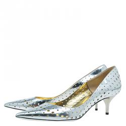 Pre Owned Jimmy Choo Silver Mirror Perforated Leather Mime Pumps Size 40.5