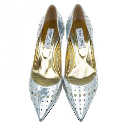 Pre Owned Jimmy Choo Silver Mirror Perforated Leather Mime Pumps Size 40.5