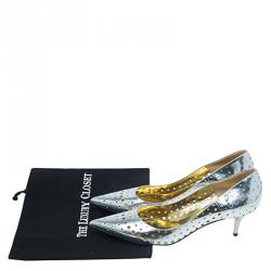 Pre Owned Jimmy Choo Silver Mirror Perforated Leather Mime Pumps Size 40.5