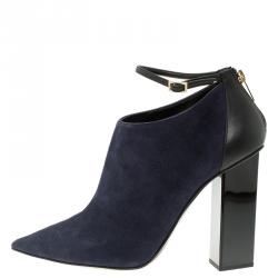 Pre Owned Jimmy Choo Navy Blue Suede and Black Leather Vanish Ankle Boots Size 39.5
