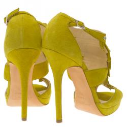Pre Owned Jimmy Choo Yellow Suede Studded Fringe Platform Sandals Size 36.5