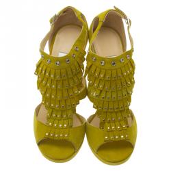 Pre Owned Jimmy Choo Yellow Suede Studded Fringe Platform Sandals Size 36.5