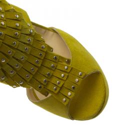 Pre Owned Jimmy Choo Yellow Suede Studded Fringe Platform Sandals Size 36.5