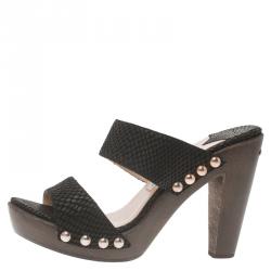 Pre Owned Jimmy Choo Black Python Embossed Wooden Platform Slides Size 37.5