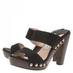 Pre Owned Jimmy Choo Black Python Embossed Wooden Platform Slides Size 37.5