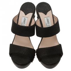 Pre Owned Jimmy Choo Black Python Embossed Wooden Platform Slides Size 37.5