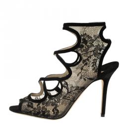 Pre Owned Jimmy Choo Black Cutout Suede and Lace Jalislo Sandals Size 39.5