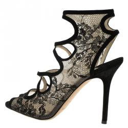 Pre Owned Jimmy Choo Black Cutout Suede and Lace Jalislo Sandals Size 39.5