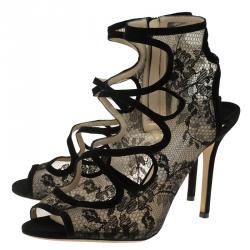 Pre Owned Jimmy Choo Black Cutout Suede and Lace Jalislo Sandals Size 39.5