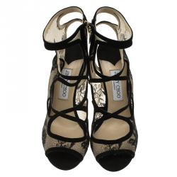 Pre Owned Jimmy Choo Black Cutout Suede and Lace Jalislo Sandals Size 39.5