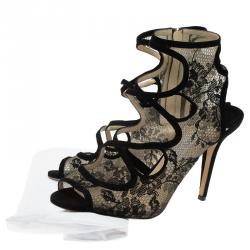 Pre Owned Jimmy Choo Black Cutout Suede and Lace Jalislo Sandals Size 39.5