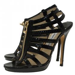 Pre Owned صندل جيمي تشو غلينس غلادياتور جلد ثعبان أسود نعل سميك مقاس 37.5