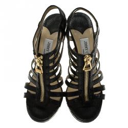 Pre Owned صندل جيمي تشو غلينس غلادياتور جلد ثعبان أسود نعل سميك مقاس 37.5