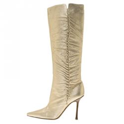 مملوكة مسبقًا Jimmy Choo Metallic Gold Leather Scrunch Knee Boots Size 36