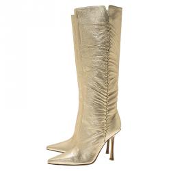 مملوكة مسبقًا Jimmy Choo Metallic Gold Leather Scrunch Knee Boots Size 36