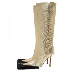 مملوكة مسبقًا Jimmy Choo Metallic Gold Leather Scrunch Knee Boots Size 36