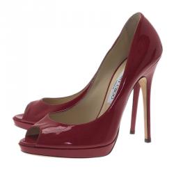 Pre Owned Jimmy Choo Red Patent Luna Peep Toe Pumps Size 39